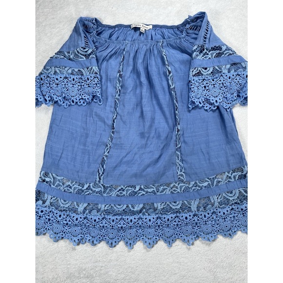 Festival Tops - Lynn Ryan Boho Lace Top Large Blue Off Shoulder Crochet Trim Peasant Festival